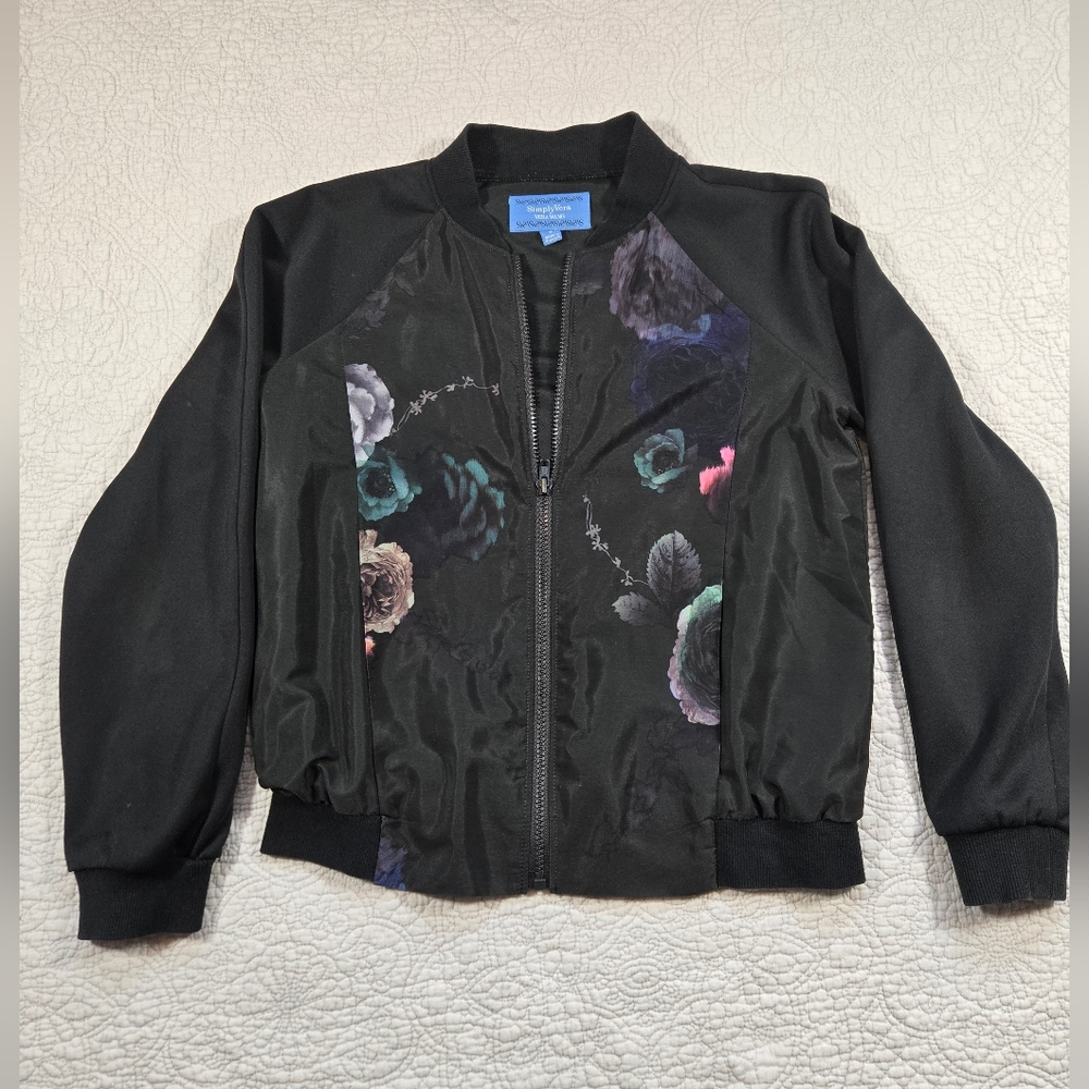 Simply Vera Wang Black Vintage Floral Bomber Jacket Size S